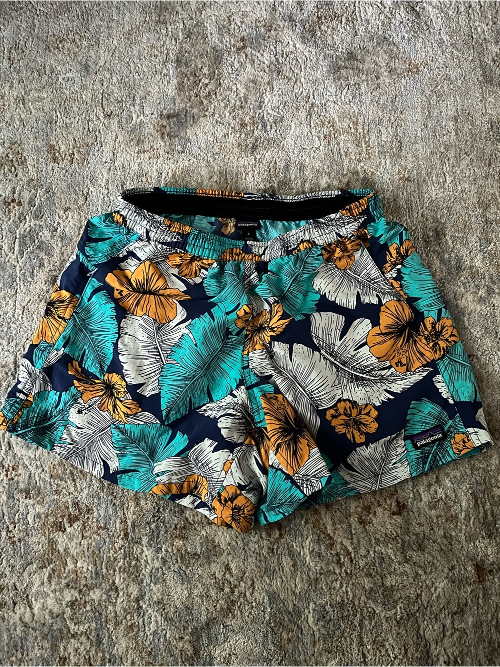 Patagonia Navy Floral Athletic Shorts with Teal & Mustard Print